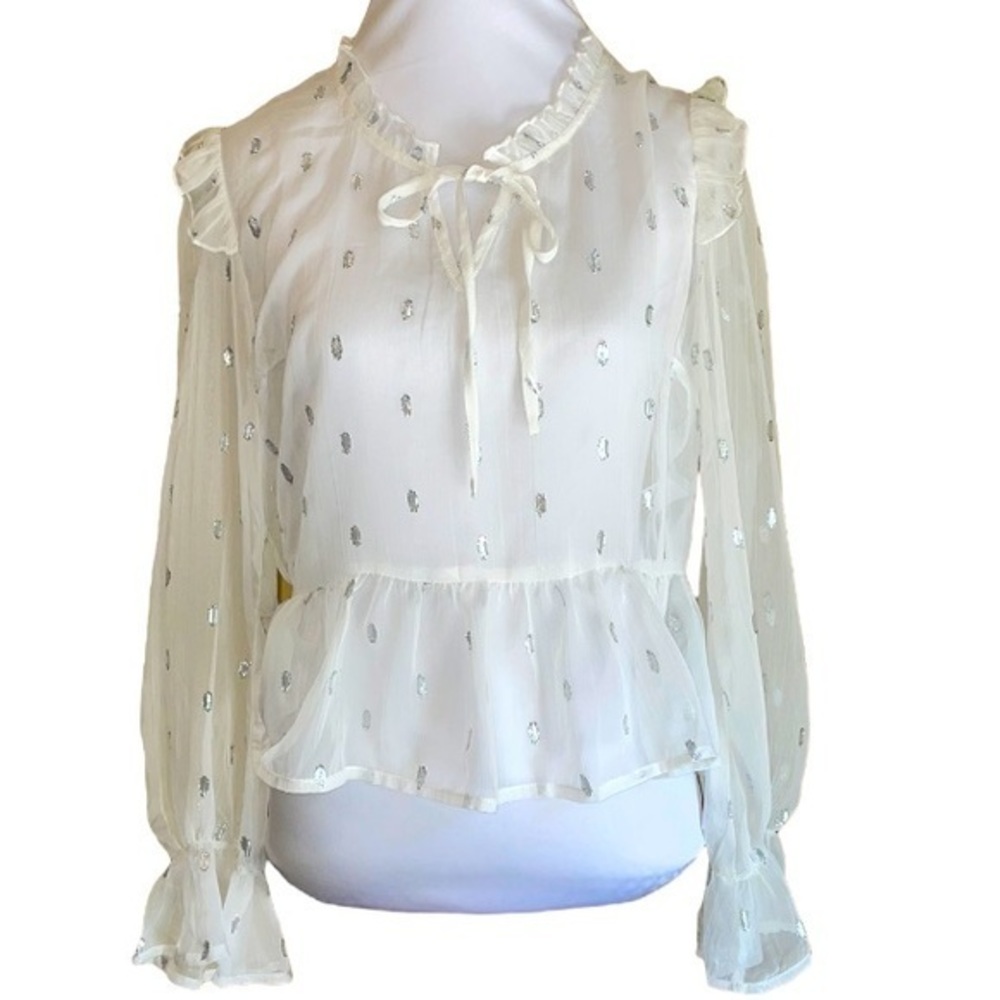 BOG Collective White Sheer Silver Metallic‎ Long Sleeve Blouse Size Medium